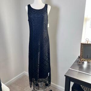 Vintage Maxi Dress Black Fringe Lace Whimsigoth Fairy Flapper Cocktail Gatsby